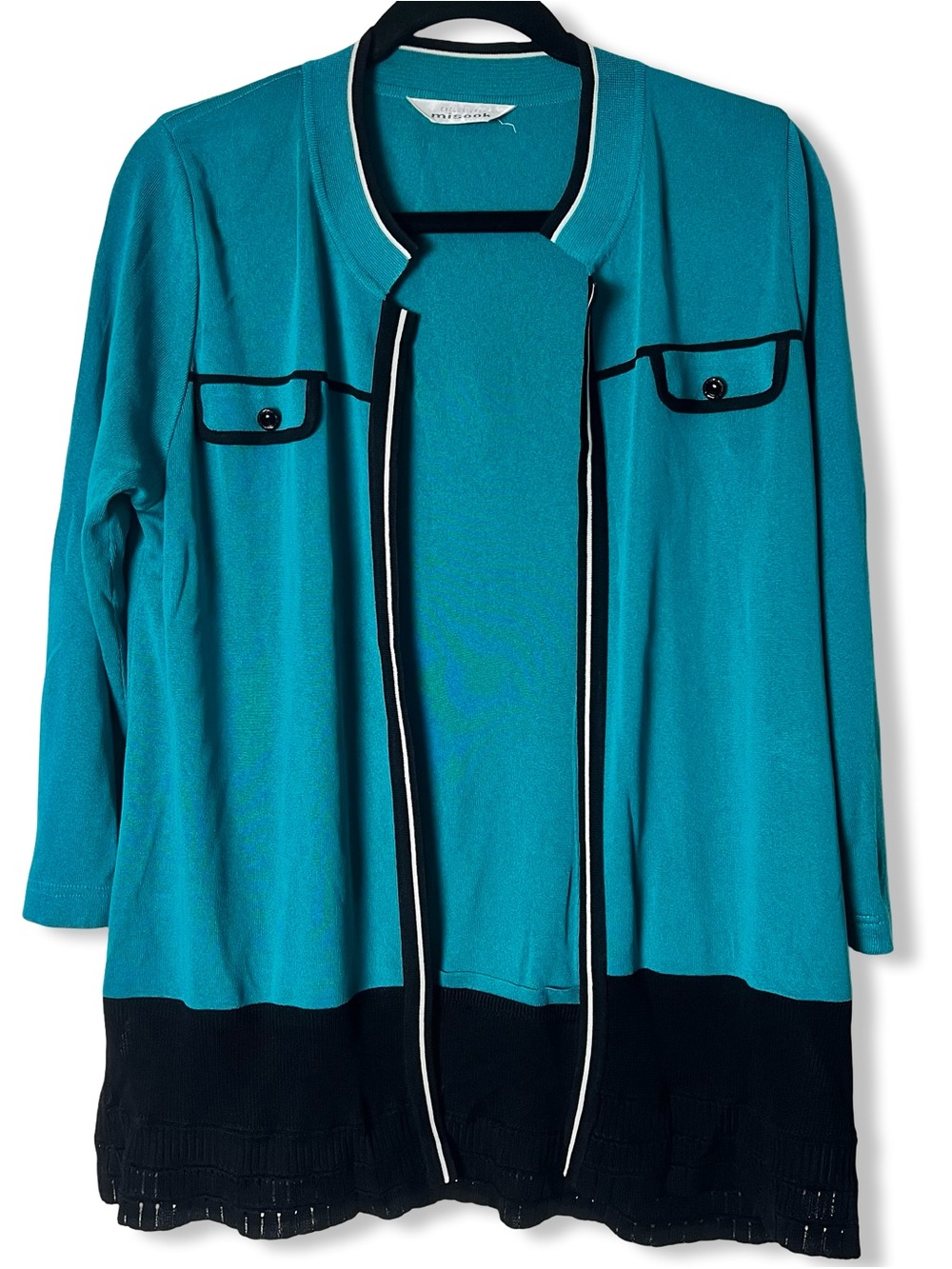 Exclusively Misook Teal Black White Colorblock Open Front Cardigan Sz M